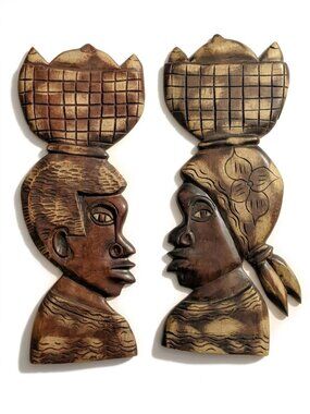 Vintage African Hand Carved Wood Wall Art Plaques Pair Man & Woman Folk Art